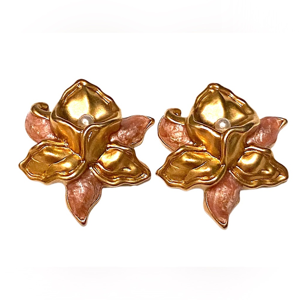 AVON Vintage Orchid Flower Earrings Pink Gold